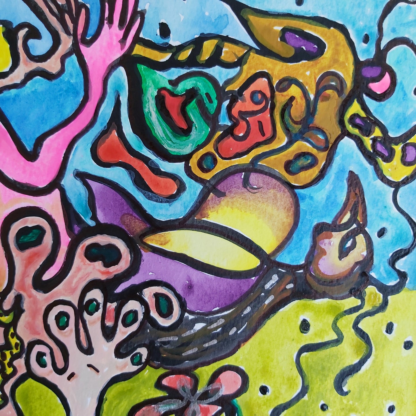 A detailed section of Audrey Néron's abstract painting "Dancing Hearts" (2022) from the "Humans Landscape" series. This close-up showcases vibrant abstract forms, including a yellow and purple bird-like figure surrounded by swirling green, red, and orange shapes. The dynamic composition, outlined in bold black lines, conveys movement and vitality against a bright blue and green background.