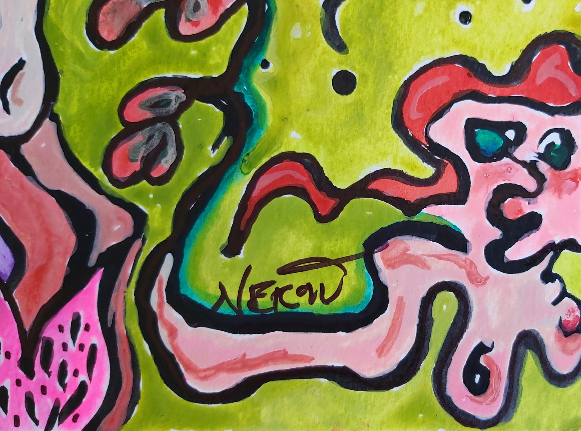 Detail of the artist's signature "Néron" on the artwork "Dancing Hearts," placed on a vibrant green background with adjacent abstract pink and black forms.