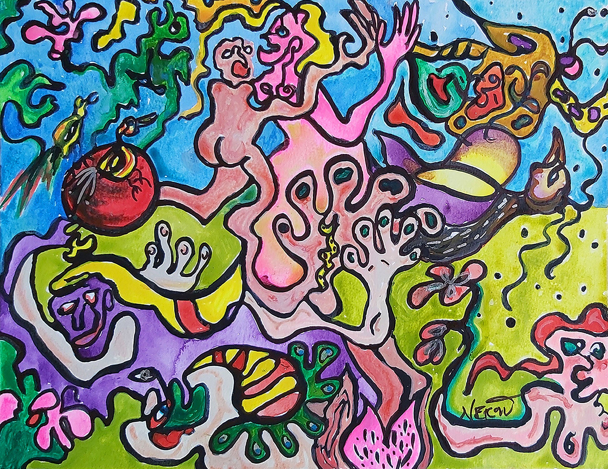 A vibrant abstract painting titled "Dancing Hearts" by Audrey Néron, created in 2022 as part of the "Humans Landscape" series. The artwork features stylized human figures surrounded by dynamic organic patterns in lively shades of pink, green, blue, and red, evoking a harmonious dance between humanity and nature.