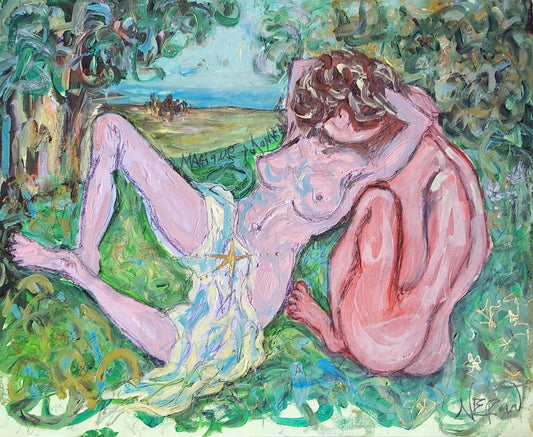 ‘Ethereal Embrace,’ a contemporary artwork by Audrey Néron, created in mixed media (acrylic, oil, and China marker) on canvas in 2024. This figurative and abstract painting depicts two human figures embracing in a vibrant natural landscape with green, pink, and blue hues, evoking human connection and harmony with nature. Dimensions: 40.64 x 50.8 cm (16 x 20 inches).