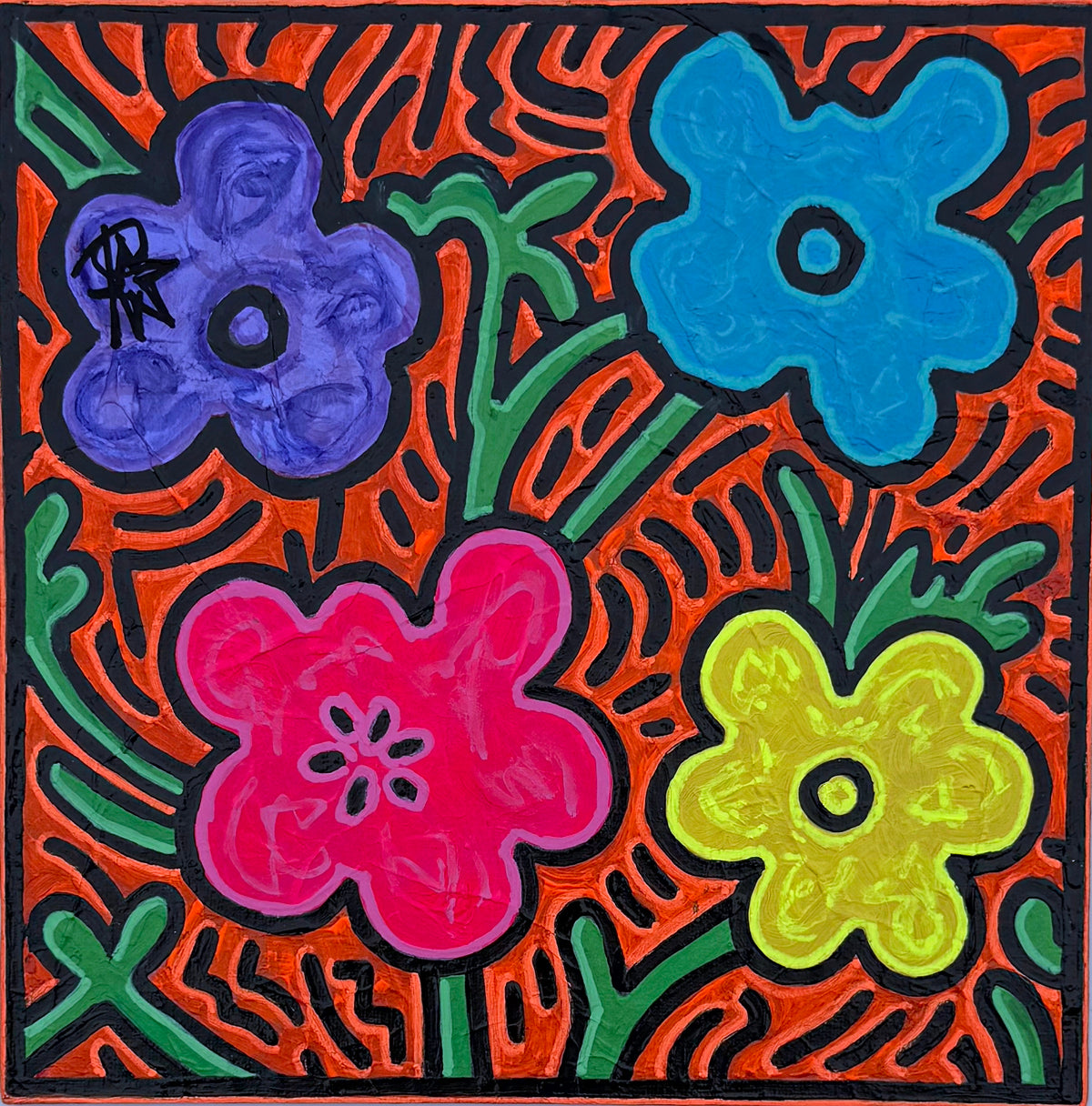 FLO by Audrey Néron, original 10 × 10 inch Pop Relic painting with stylized pink, blue, purple and yellow flowers on an orange and black background.