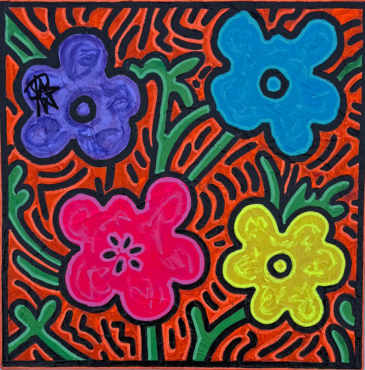 FLO by Audrey Néron, original 10 × 10 inch Pop Relic painting with stylized pink, blue, purple and yellow flowers on an orange and black background.