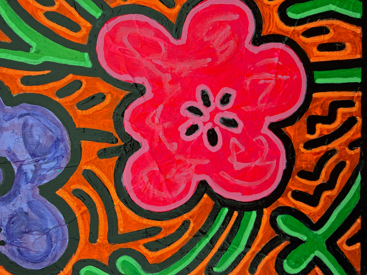 Close-up detail of FLO by Audrey Néron, showing the pink flower, layered paint texture, green stems and orange-and-black graphic background.