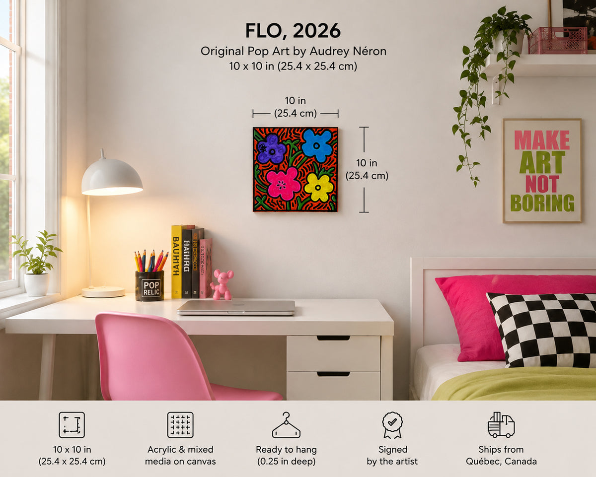 FLO by Audrey Néron displayed in a bright interior with a 10 × 10 inch size guide and artwork details, including ready-to-hang presentation and Quebec origin.
