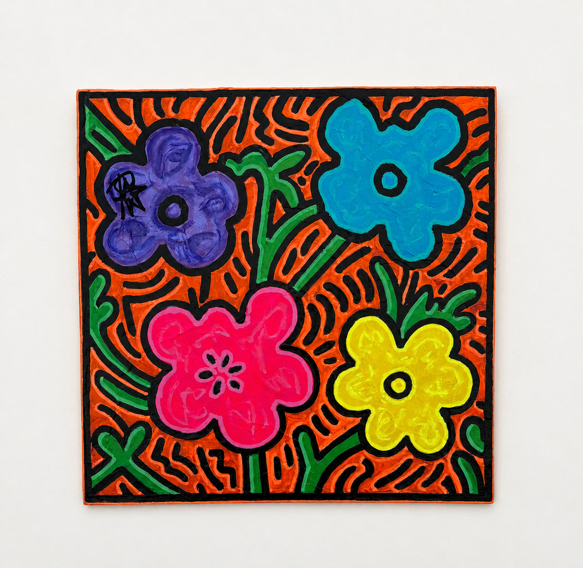 FLO by Audrey Néron shown against a white wall, presenting the complete 10 × 10 inch Pop Relic painting and its vivid floral composition.