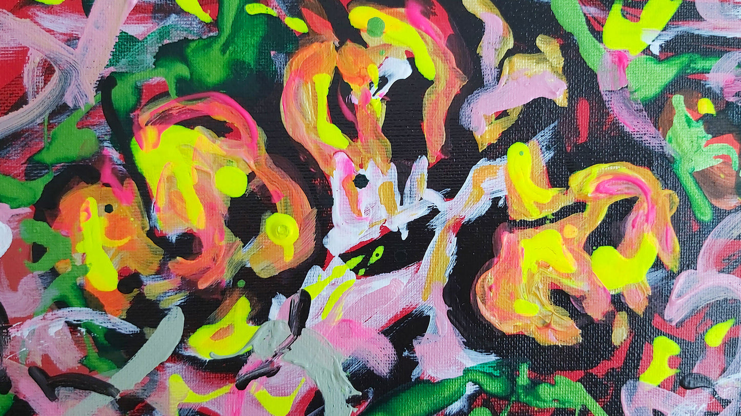 Close-up of vibrant fruit-like shapes in Fluctus Vitae by Audrey Néron, featuring dynamic strokes of neon yellow, pink, and green on a textured black background, evoking themes of energy and renewal.