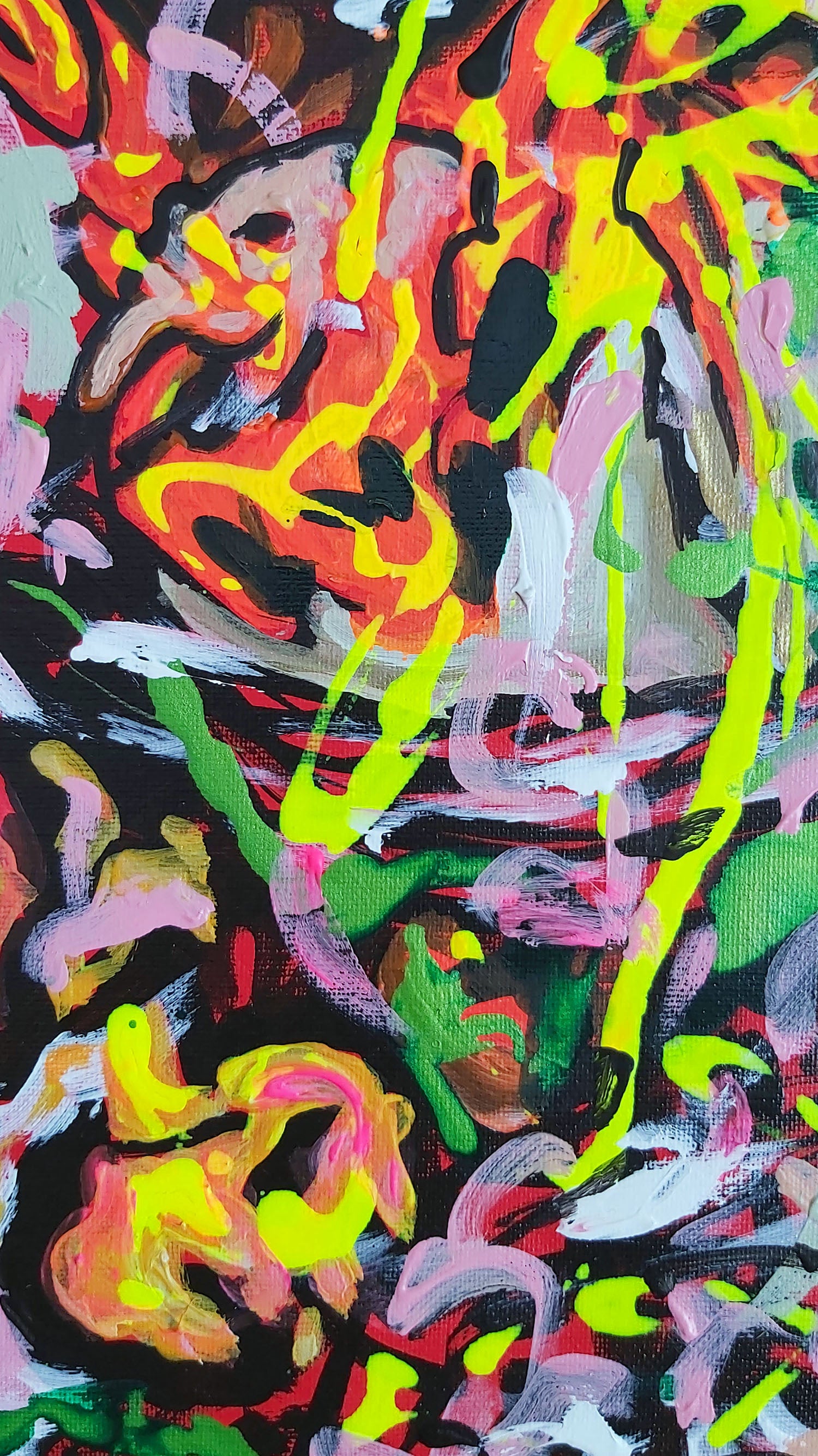 Close-up detail of Fluctus Vitae by Audrey Néron, showcasing bold strokes of neon yellow, pink, and fiery orange with intricate layering on a black background. This section highlights the dynamic interplay of color and texture in this 2025 acrylic and ink artwork.