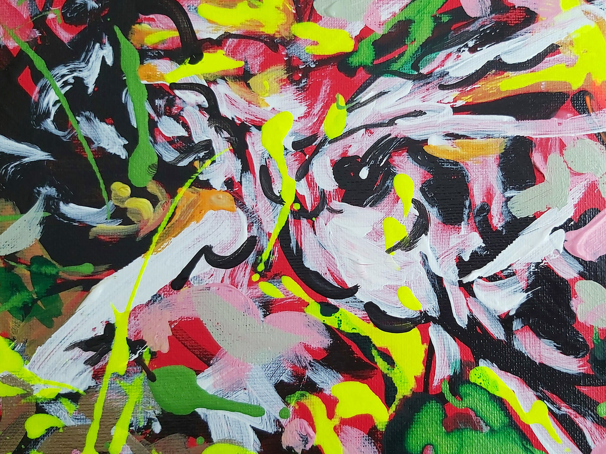 Close-up detail of Fluctus Vitae by Audrey Néron, highlighting expressive white and neon yellow strokes intertwined with vivid red and green accents. This dynamic 2025 acrylic and ink artwork showcases the raw energy and intricate layering of the composition.