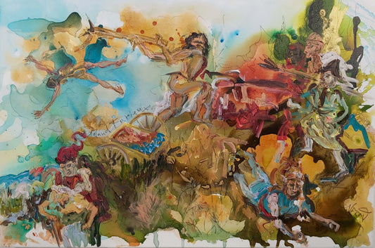 Furious Roland (2023) d’Audrey Néron : scène mythologique dynamique, figures en mouvement autour d’un chariot; ocres et bleus, acrylique et huile sur toile, 24×30 po