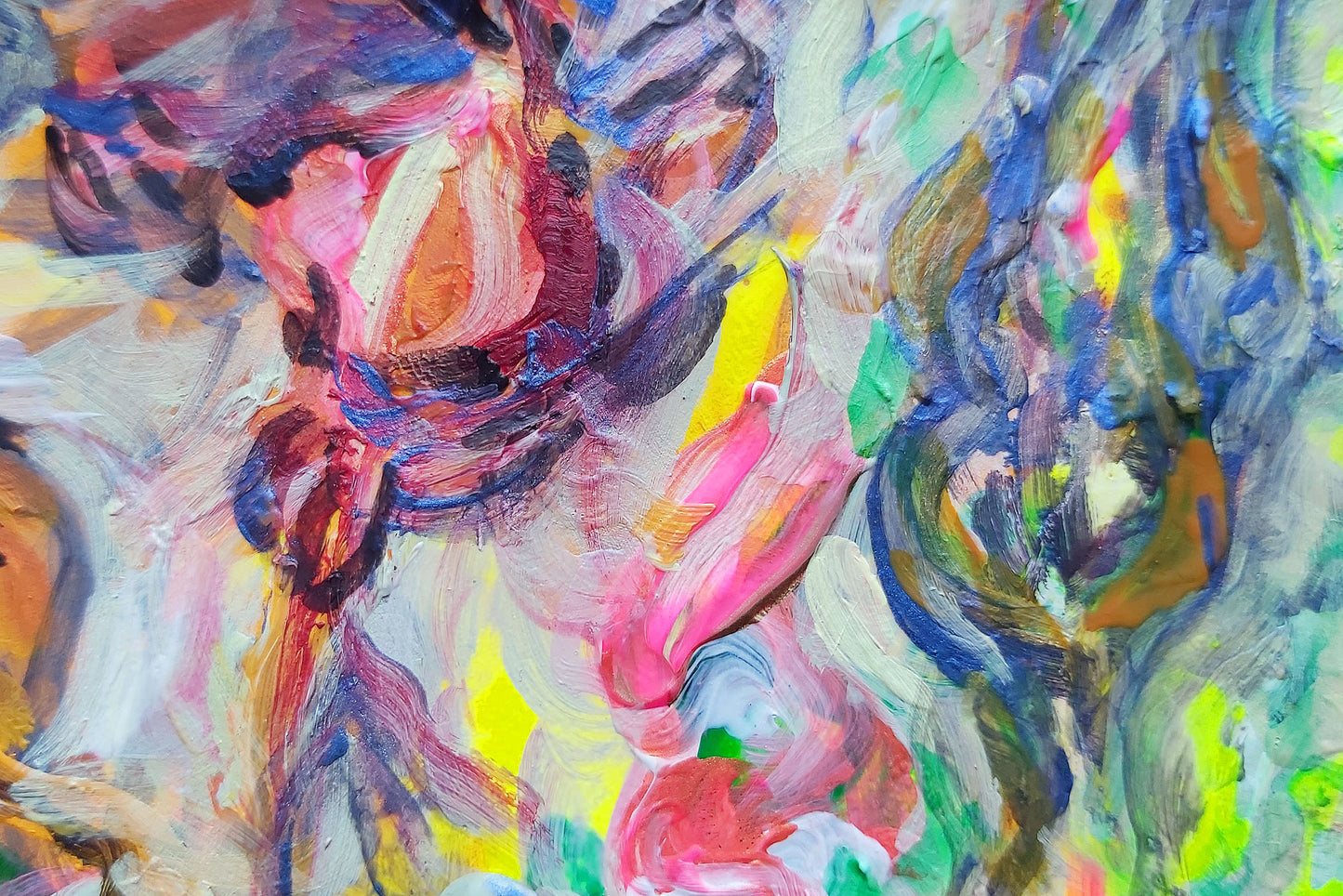 Close-up detail of Harmonia in Chaos by Audrey Néron, 2025. This vibrant section highlights fluid brushstrokes of acrylic and ink in soft pinks, bold yellows, and deep blues on Yupo paper mounted on wood, evoking a sense of movement and harmony amidst abstraction.