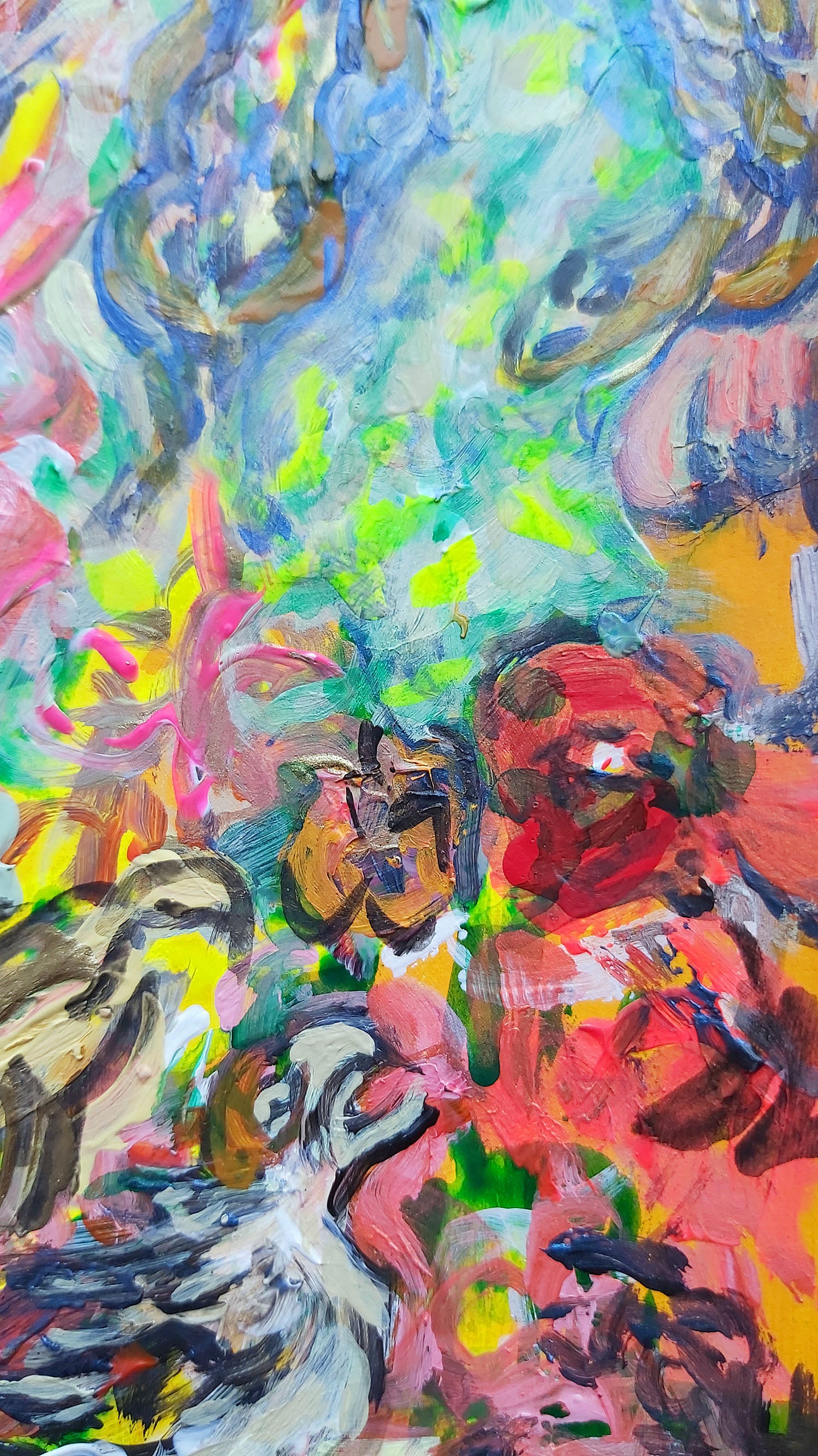 Close-up detail of Harmonia in Chaos by Audrey Néron, 2025. This section showcases vibrant strokes of acrylic and ink on Yupo paper mounted on wood, featuring dynamic reds, greens, and yellows, alongside expressive organic forms that evoke movement and emotion.