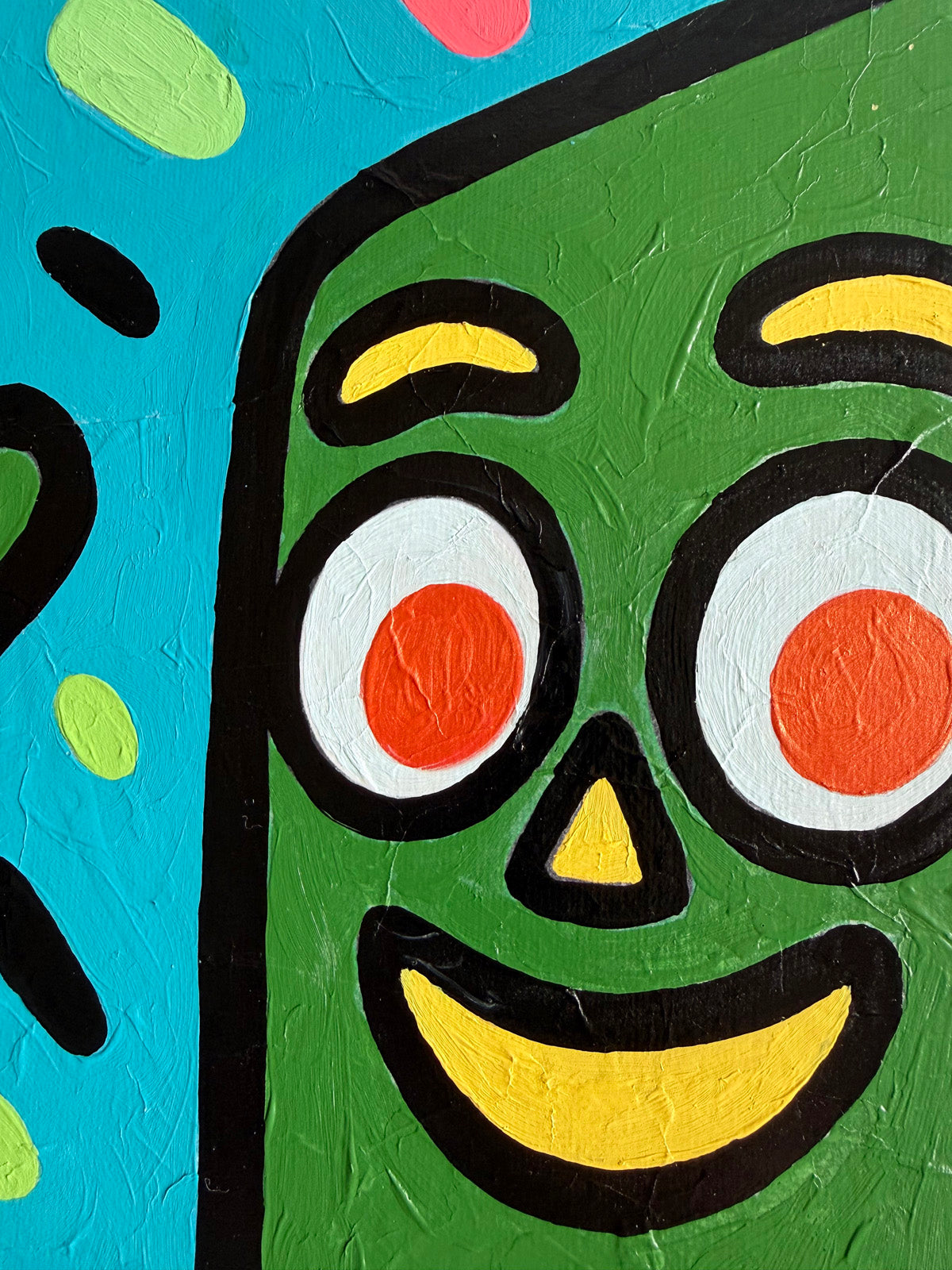 Close-up detail of HEY from the Pop Relic series by Audrey Néron.