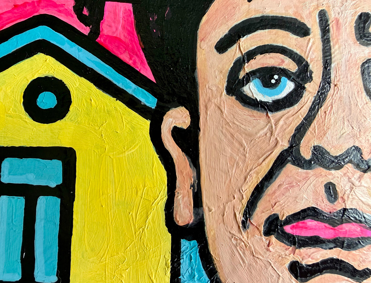 Detail of MAG, original Pop Relic artwork by Audrey Néron, showing textured mixed media on canvas with bold black outlines, bright colors and close-up portrait details.