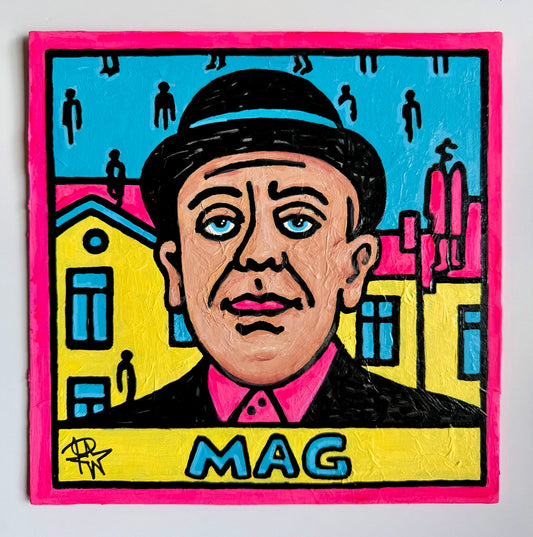 MAG, original Pop Relic artwork by Audrey Néron photographed on a white background, colorful pop art portrait on canvas with bold black outlines.