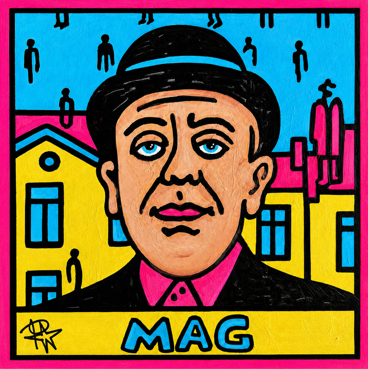 MAG, original pop art portrait by Quebec artist Audrey Néron, mixed media on canvas, 10x10 artwork with bold colors and black outlines.