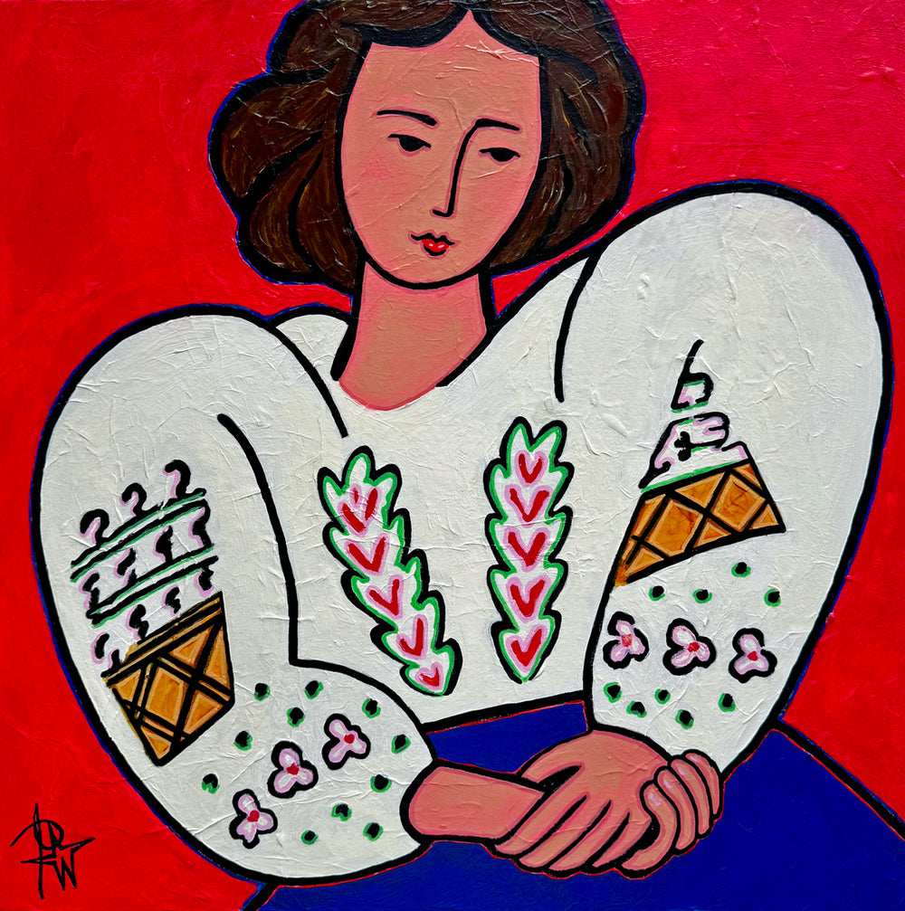 MAT by Audrey Néron, original Pop Relic painting featuring a stylized female portrait in a white floral blouse against a vivid red background.