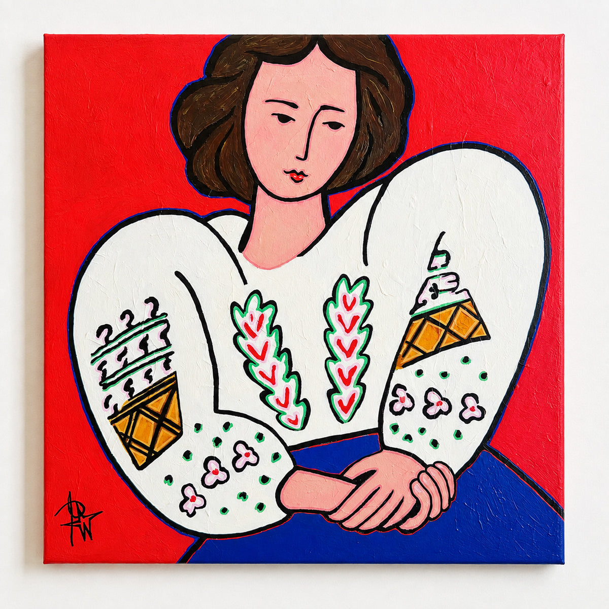 MAT by Audrey Néron, original Pop Relic painting featuring a stylized seated woman in a white floral blouse against a vivid red background.