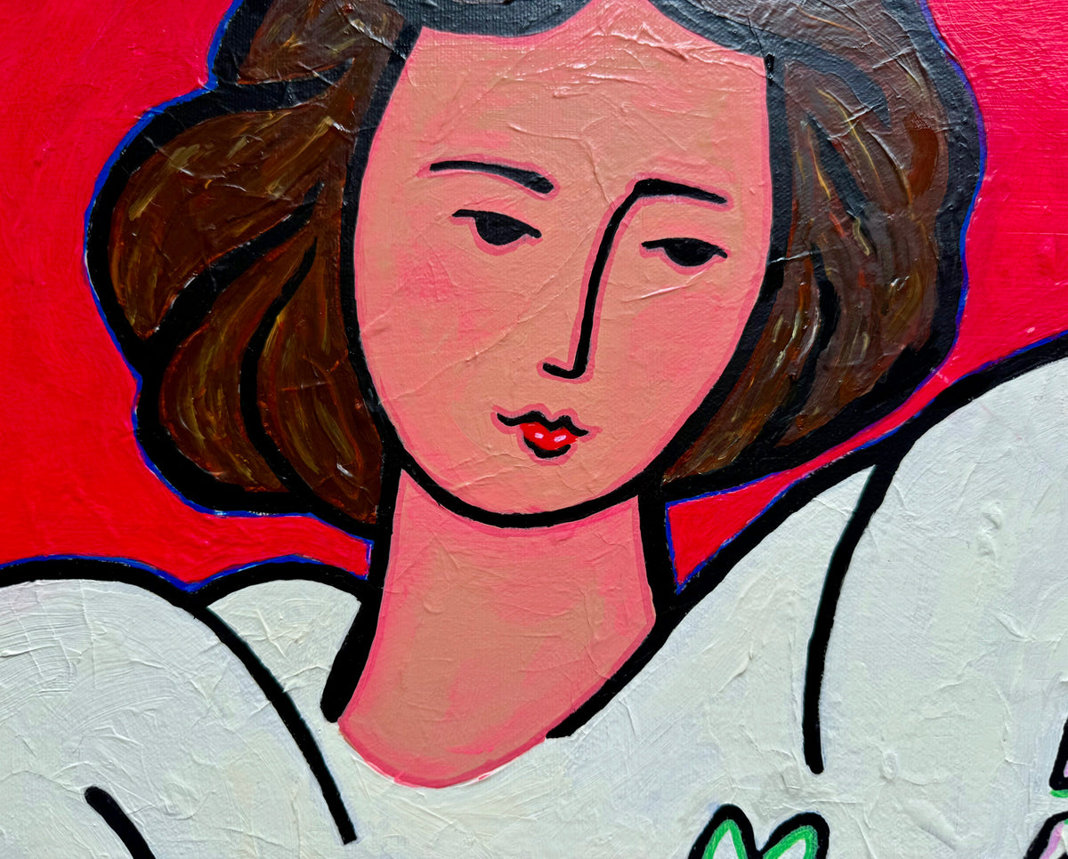 Close-up detail of MAT by Audrey Néron, showing the stylized female portrait, hand-painted texture and vivid red background of the original Pop Relic artwork.