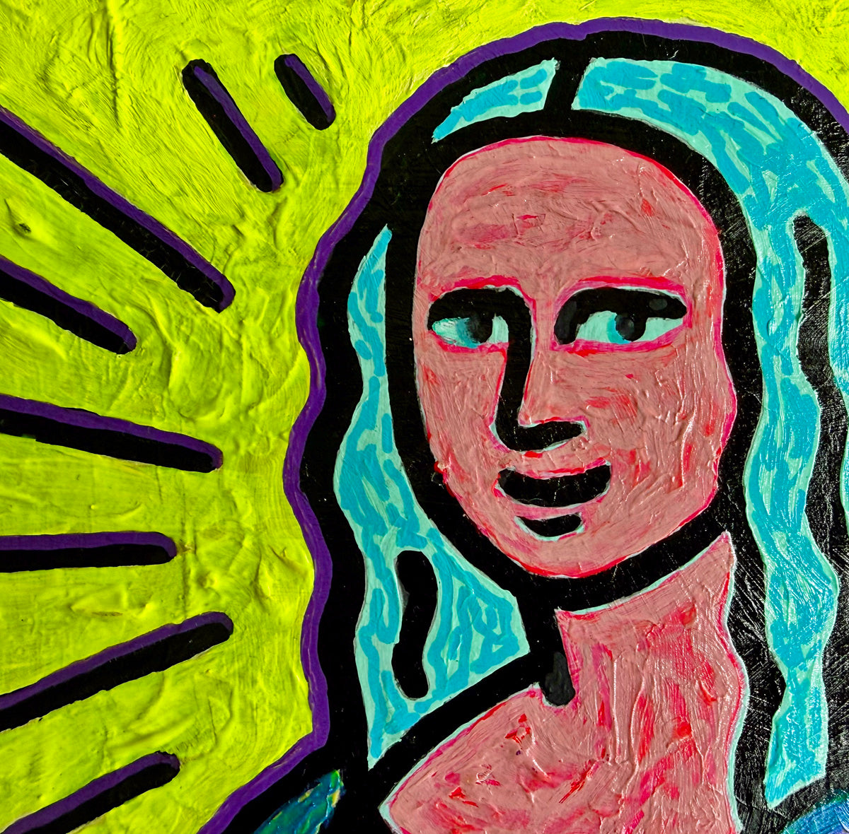 Detail of Mona (2025) by Audrey Néron, acrylic and Posca on rigid canvas board.