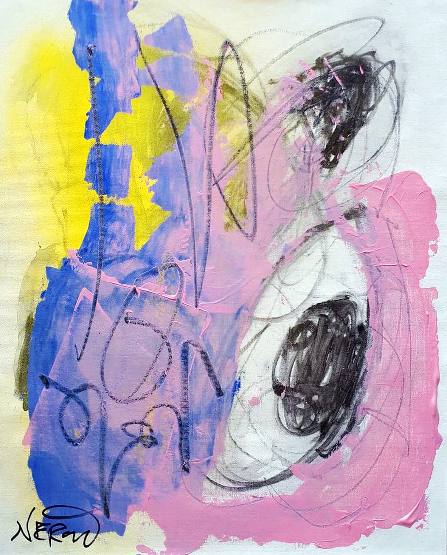 Original abstract painting "Allium" by Audrey Néron, colorful mixed media artwork with pink, blue and yellow tones, framed and ready to hang