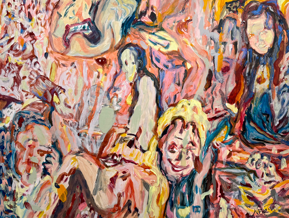 Petal Choir (2026), painting by Audrey Neron, expressive figurative composition with layered brushstrokes in pink, red, and flesh tones, acrylic on paper mounted on wood panel