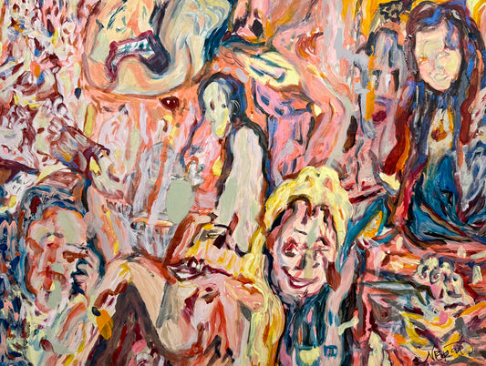 Petal Choir (2026), painting by Audrey Neron, expressive figurative composition with layered brushstrokes in pink, red, and flesh tones, acrylic on paper mounted on wood panel