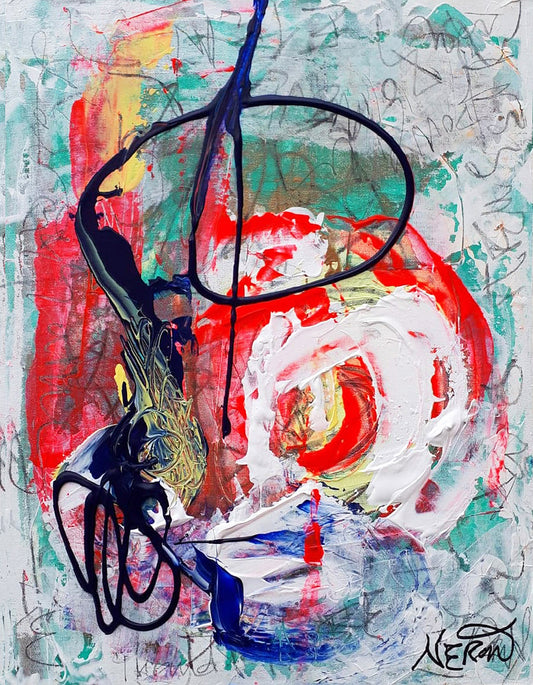 Abstract painting "Paradiesvögel" (2019) by Audrey Néron, featuring dynamic red and white spirals, blue gestures, and pastel textures on canvas board.