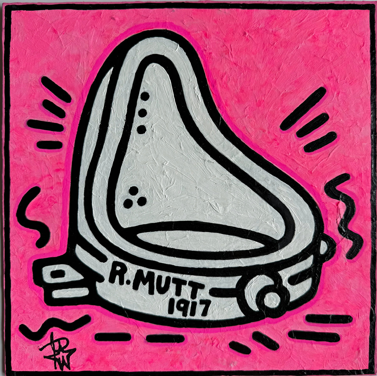 Detail of R.MUTT 1917 by Audrey Néron, acrylic and Posca on rigid canvas panel.