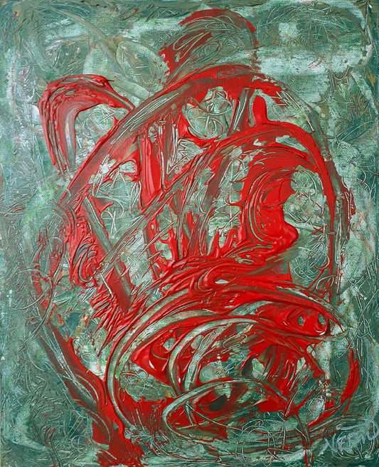Framed abstract painting by Audrey Néron titled "Rosemary’s Baby" (2018), featuring intense red strokes over a green-grey background on canvas board.