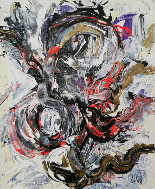 Abstract painting "Serpentis Ignis" (2020) by Audrey Néron, featuring bold red and black gestures, layered textures, and serpentine movement on canvas mounted on wood.