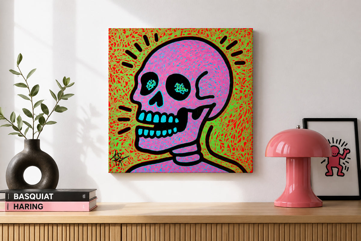 SKULL (2025) by Audrey Néron shown in an interior setting, 10 × 10 in Pop Relic artwork.