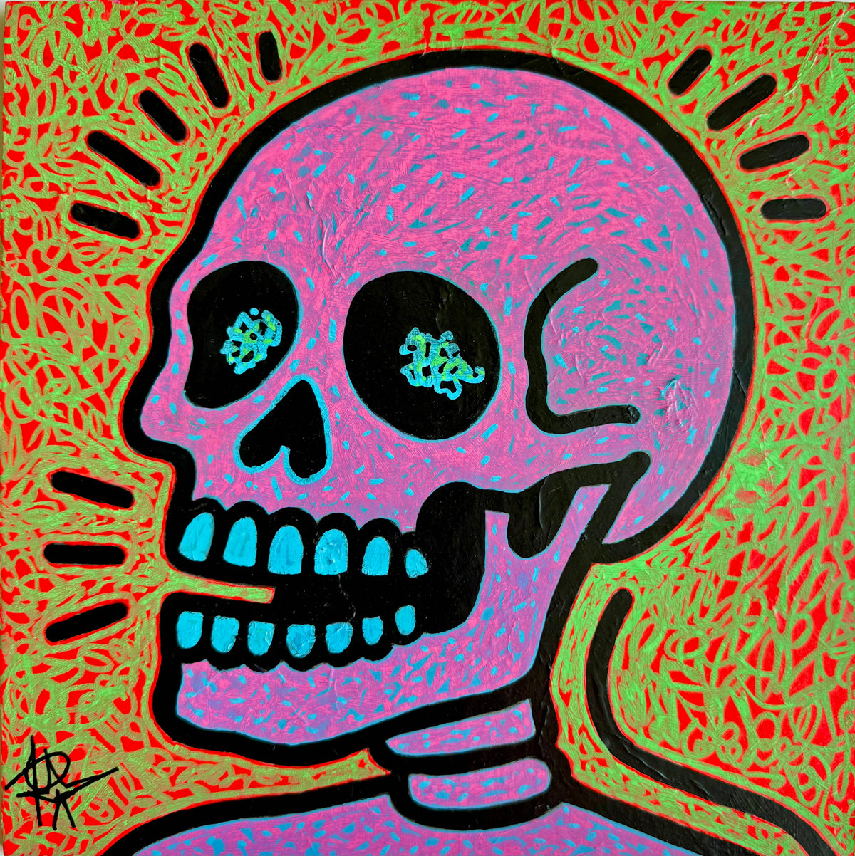 SKULL (2025) by Audrey Néron, acrylic, Posca and paper on rigid panel.