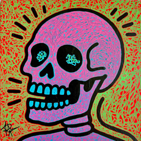 SKULL (2025) by Audrey Néron, acrylic, Posca and paper on rigid panel.