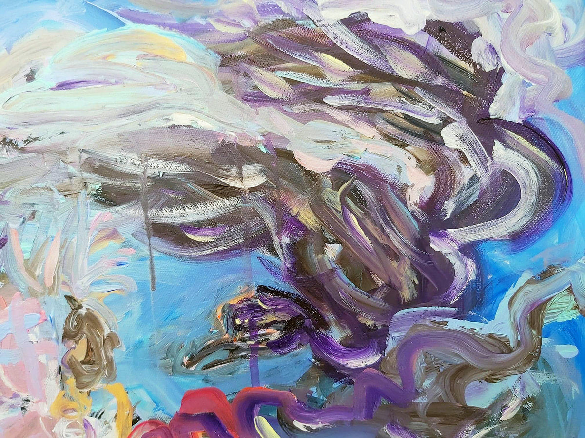 Close-up of abstract bird-like forms in The Abduction of Europa (2021) by Audrey Néron, with layered brushstrokes in purple, white, and blue suggesting movement and flight.