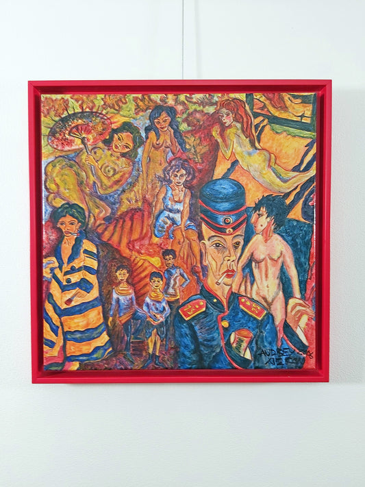 Framed expressionist painting titled "The Brothel" (2006) by Audrey Néron, featuring a vivid scene of women and a soldier in theatrical colors, framed in red wood.