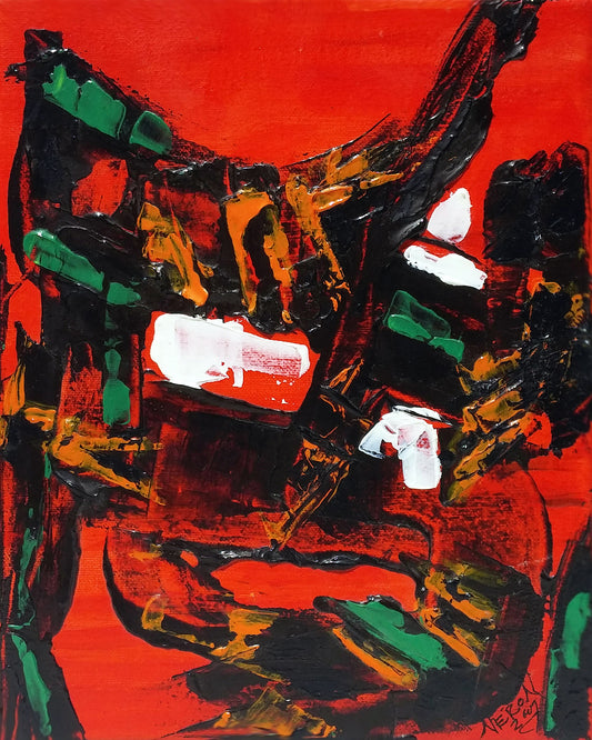 Full view of "The Red" (2007), an abstract acrylic painting by Audrey Néron featuring bold red background with dynamic black, green, ochre, and white gestures.