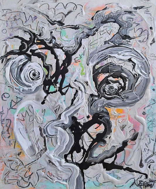 Abstract painting by Audrey Néron titled Ugly Beauty (2019), featuring dark charcoal and pastel gestures on canvas board with expressive contrast between chaos and softness.