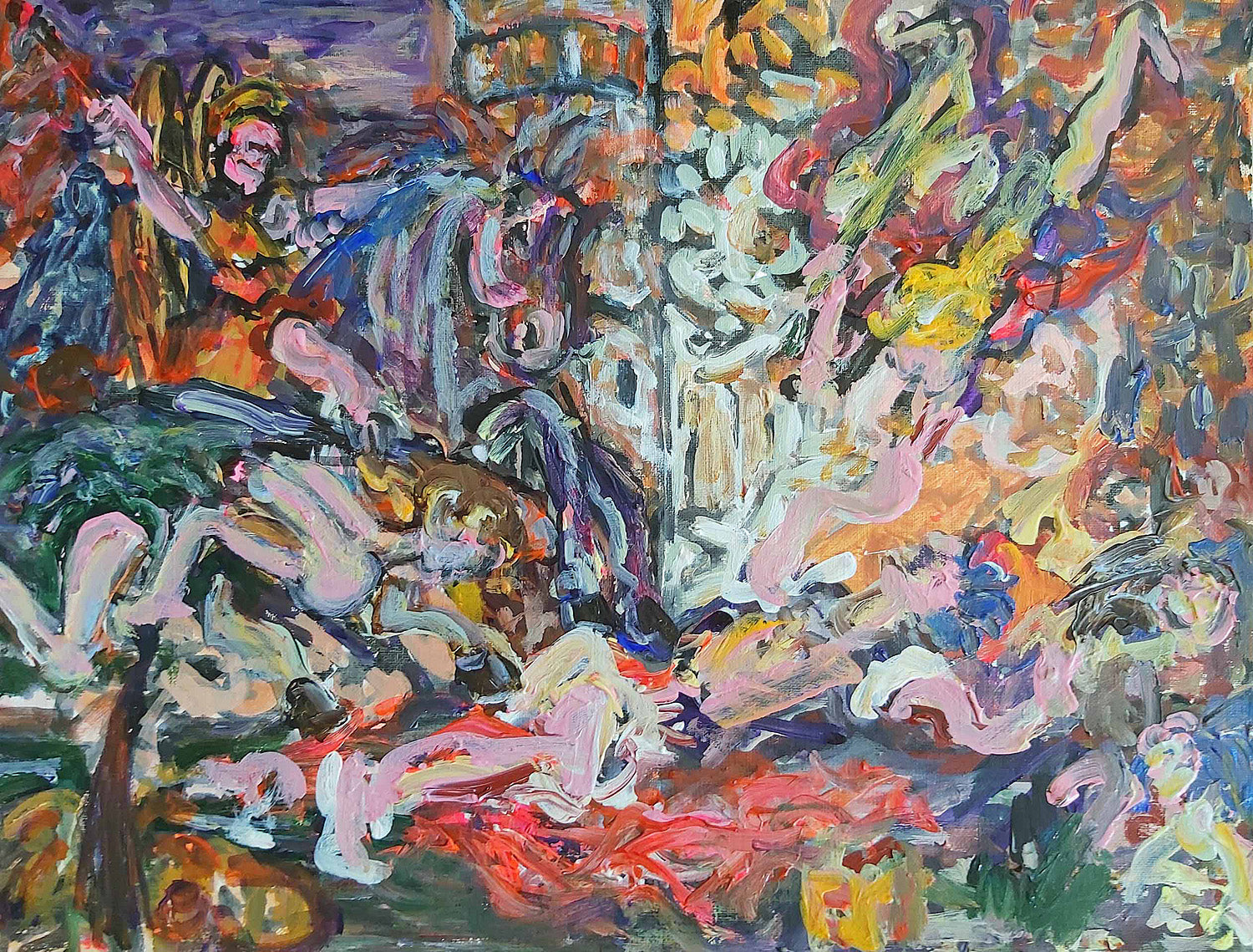 Abstract altarpiece painting by Audrey Néron titled "Ultima Vox" (2022), featuring expressive figures and swirling brushstrokes in acrylic, oil, and china marker on a 12x16 inch Canson paper mounted on wood.