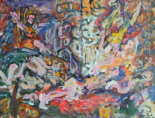 Abstract altarpiece painting by Audrey Néron titled "Ultima Vox" (2022), featuring expressive figures and swirling brushstrokes in acrylic, oil, and china marker on a 12x16 inch Canson paper mounted on wood.