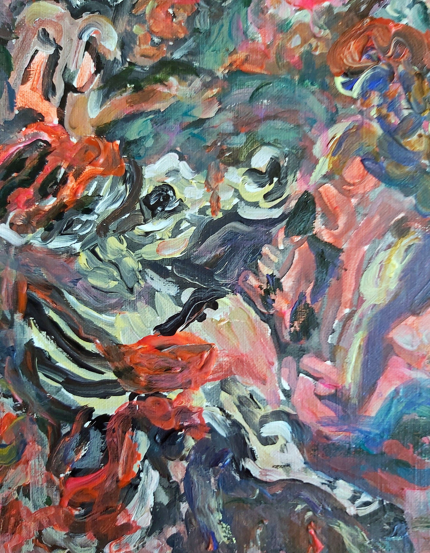 Detail of Audrey Néron’s painting Ultimus Clamor (2022), showcasing expressive abstract forms in dark reds, greens, and purples. Layered brushstrokes and swirling textures evoke emotional turbulence and depth.