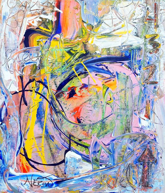 Level (2019) by Audrey Néron — a vibrant abstract painting with layered acrylic, pastel, spray paint and graphite in dynamic strokes of yellow, blue, pink, orange and white, creating an expressive and textured composition.