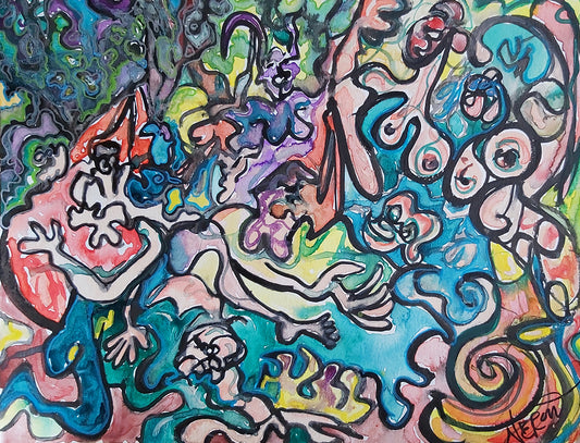 Bacchanale (2022) by Audrey Néron – Original acrylic and marker artwork on d’Arches paper, vibrant abstract-figurative composition with mythological celebration and expressive colors, Humans Landscape Series.