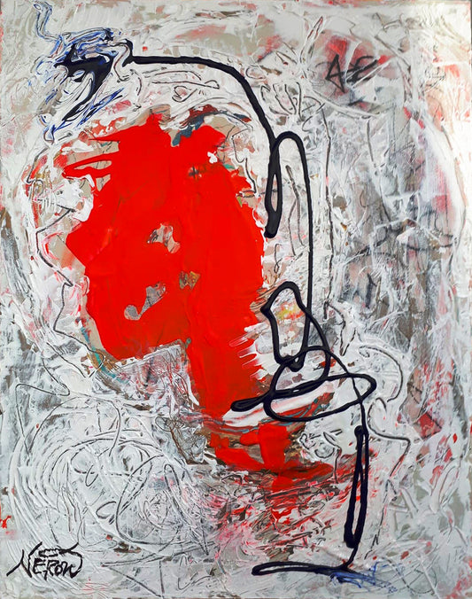 Reflextor (2019), abstract painting by Audrey Néron featuring a bold red form at the center with layered gray, white, and black textures on canvas board.