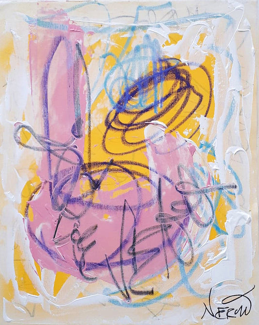 Framed abstract painting titled Voodoo by Audrey Néron created in 2019. Features bold pink, yellow, and black gestural strokes with textured mixed media on a canvas sheet, mounted in a white frame.