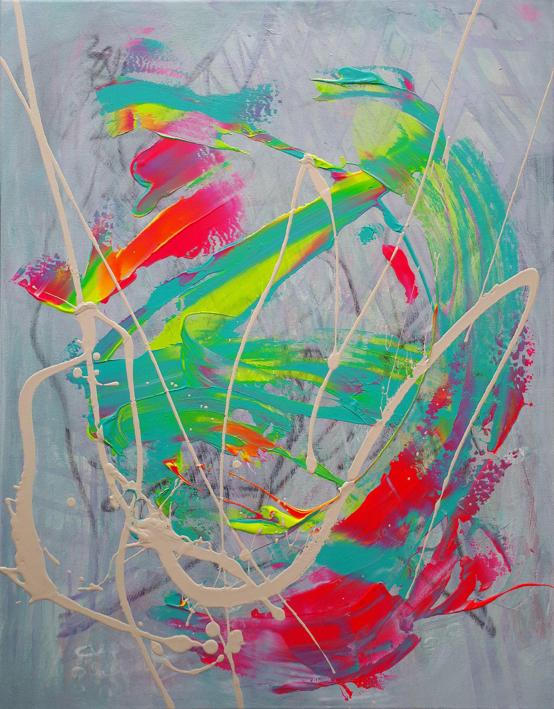 Abstract painting Reset (2018) by Audrey Néron, acrylic and graphite on canvas, featuring vibrant neon green, pink and blue gestures with dynamic drips and layered textures.