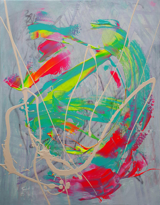 Abstract painting Reset (2018) by Audrey Néron, acrylic and graphite on canvas, featuring vibrant neon green, pink and blue gestures with dynamic drips and layered textures.